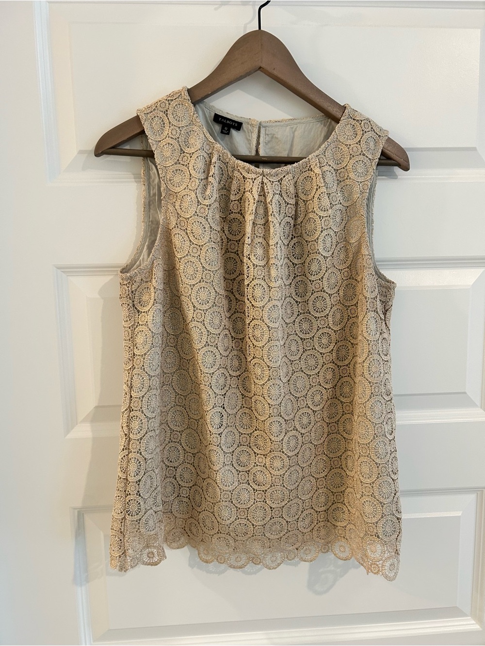 Talbots Crochet Gold Metallic Top Beige Gold Size 12